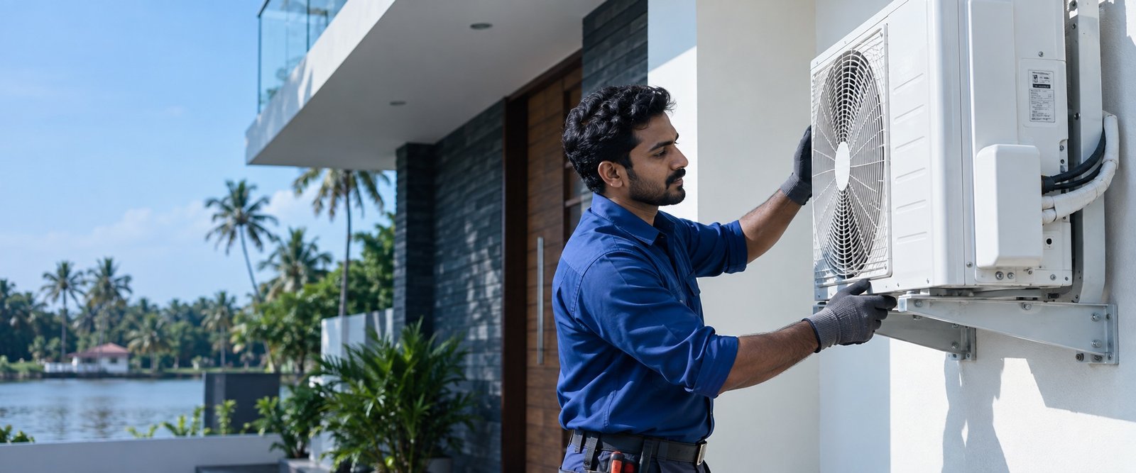 Technician professionally servicing an air conditioner in a Kerala home
